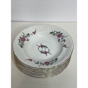 8 Vintage Royal Kent Poland Floral Rose Embossed Gold Gilt Porcelain Soup Bowls